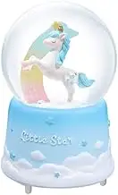 Unicorn Snow Globe for Kids, 80 MM Cartoon Moon Snow Globe Music Box with LED Lights, Perfect Unicorn Gifts Home Decoration for Granddaughters Babies Birthday(Blue)