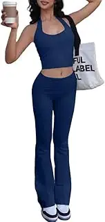 [AYWA] Two Piece sets for Women Halter Tank Backless Crop Tops Foldover Flare Pants Casual Matching Streetwwear Outfits