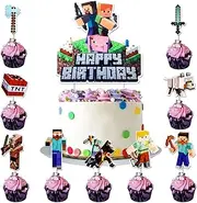 21 Pcs MC Birthday Cake Toppers and Cupcake Toppers for The Game Lovers - Theme Party Decorations Supplies
