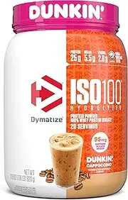 [Dymatize] ISO100 Hydrolyzed 100% Whey Isolate Protein Powder in Dunkin' Cappuccino Flavor, 25g Protein, 95mg Caffeine, 5.5g BCAAs, Gluten Free, Fast Absorbing, Easy Digesting, 20.8 Oz, 1.3 Pound