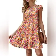 Kirundo Floral Pleated Dress Ruffle Sleeve White and Purple Women’s Size Small