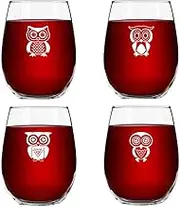 Cute Owl Wine Glass Set of 4 | Stemless Wine Glasses with 4 Unique Loveable Owls | 15 oz. Owl Decor Glasses | Makes Fun Owl for Women | Great Owl Kitchen Decor or New Home Gift Ideas | USA Made