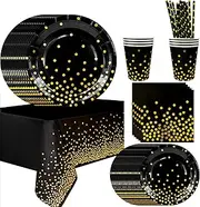 Black and Gold Party Supplies Tableware for 24 Guests, Black and Gold Plates Napkins Cups Black Gold Dot Tablecloth etc Party Tableware Black and Gold for Baby Shower Graduation Birthdays etc