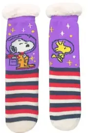 New PEANUTS Ladies SNOOPY SHERPA LINED SLIPPER SOCKS GRIPPER BOTTOM ASTRONAUT