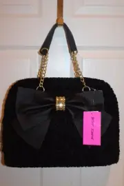 NEW NWT Betsey Johnson Chain Link Strap Black Chenille Bow Tote Satchel Bag $108