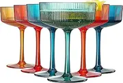 Plastic Acrylic Ribbed Vintage Art Deco Martini, Champagne & Cocktail Retro Color Tritan Shatterproof Coupe Glasses | Set of 6 | 8 oz Ripple Glassware Classic Cocktail Indoor & Outdoor, European Style