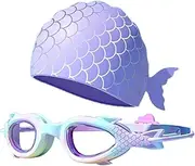 Swimming Goggles and Swimming Cap Set, Children's Swimming Goggles Mermaid Silicone Swimming Cap, Waterproof Swimming Cap, Diving Goggles, Anti-Fog Swimming Goggles for Children 3-12 Years