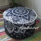 18" Round Pouf Ottoman Cover Black Silver Mandala Foot Stool Pouf Covers Throw