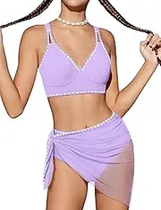 [Dearnow] Girls Swimsuit V-Neck Shell Stitched Solid Color High Waisted 3 Piece Bathing Suit Bikini with Cover Up 9-16T