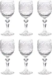 Wine Goblet - Crystal - Glasses - Set of 6 - Red or White Wine Glass - Beautifully Hand Cut - Flower Design - 6 oz. - European Quality - by Barski - Made in Europe