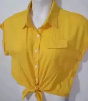 Emery Rose Women's Large Yellow Blouse Tie Waist Collar Button Up Short Sleeve