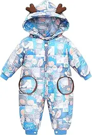 [Fewlby] Baby Snowsuit Winter Outerwear Infant One-Piece Hooded Skisuit Boys Girls Thick Jumpsuit Warm Outfits, Blue 12-18 Months
