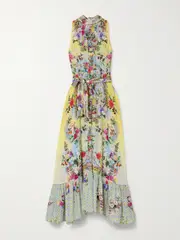 [Camilla] Camilla - Belted Tie-neck Crystal-embellished Floral-print Silk-georgette Maxi Dress - Yellow - large large Yellow