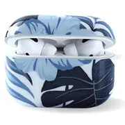 Apple Airpod Pro Case - Cute Flowers & Boho Floral Design Protective Shockproof Silicone Cover With Keychain Option - Supports Wireless Qi Charging for Airpods Pro Generation 1 - Blue Palm Leaves
