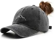 [YULOONG] Women's Ponytail Baseball Cap Mountain Peak Embroidery Baseball Cap Retro Washed Cotton Hat Sun Protection Cap Adjustable Tennis Golf Sports Cap