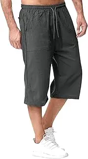 [JEShifangjiusu] Men's Causual 3/4 Long Cotton Shorts Drawstring Elastic Waist Cargo Straight Shorts Wide Leg Baggy Pants, Gray A1, 3XL