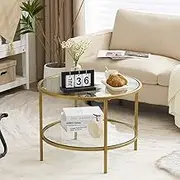 VINGLI Glass Coffee Table, 25.6" Round Champagne Gold Coffee Tables for Living Room, 2-Tier Glass Top Coffee Table with Storage Clear Coffee Table, Simple & Modern Center Table for Small Space