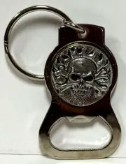 Skull & Crossbones Flames Pewter Lead Free Bottle Opener & Keychain Chrome wRing