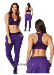 ZUMBA Geo Mid Level Bra AND Funky Harem Pants (Acai) Rare! 2Pc.SET!