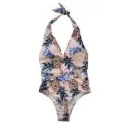 Merida Vida Size XS NEW Pineapple Print Cheeky One Piece Halter Swim Suit Pink