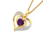 9ct Gold Amethyst Diamond Heart Pendant in Purple