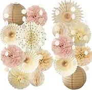 Beige Champagne Boho Party Decorations Neutral Baby Shower Bridal Shower Party Paper Fans Paper Pom Poms Paper Lanterns for Women Girl Beige Birthday Bachelorette Wedding Decor
