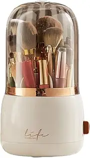 360° Rotating Dustproof Makeup Brush Holder, Luxury Cosmetic Storage Organizer with Clear Lid for Lipstick, Eyebrow Pencil, and Vanity Essentials - White/Green
