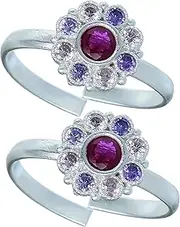 [Generic] Oxidised Silver Plated Green Pink Stone Round Toe Ring By Indian Collectible, No Gemstone