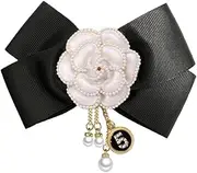 [Izpack] Camellia Flower Pre-Tied Big Bow Tassel Brooch Pin for Women Girls CZ Faux Pearl Lucky Number Five Chain Dangle Charm Fabric Pins Clip Lapel Bouquet Corsage Brooches Pins Elegant Jewelry Gifts for
