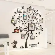 3D Black Trunk Leaves Wall Stickers Happy Family Tree Decal DIY Decor Sticker with Four DIY Vertical Bars Photo Frames (Black, M)