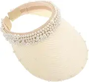 [Healeved] Women's Sun Visor Hat: Elegant Wide Brim Straw Design with Faux Pearl Accents - Breathable Open Bucket Hat for Beach Weddings & Bridal Showers Light Yellow