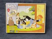 Spin Master BLUEY Cartoon 5 Wood Puzzles Wooden Storage Box NIB Sealed mADA