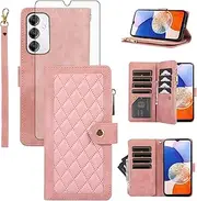 [Asuwish] Mobile Phone Case for Samsung Galaxy A14 4G/A 14 5G/M14 Case with Screen Protector Card Slot Foldable Leather Wallet Stand 14A LTE Zip Cover Mobile Phone Cases Protective Phone Case Pink