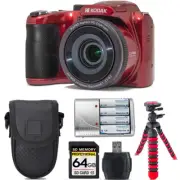 Kodak PIXPRO AZ255 Digital Camera (Red) + Extra Battery +Tripod + 64GB Kit
