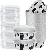Ai-OUMLEEF Aluminum Foil Cupcake Cups with Lids, 100Pcs Cow Pattern Oval Cake Pans Cupcake Liners, Heat-Resistant Foil Baking Cups Muffin Pan for Cake Cheesecake Pudding