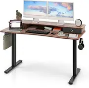 Giantex Electric Standing Desk w/ 2 Drawers, 140cm x 60cm Height Adjustable Stand Up Desk w/Monitor Stand, Home Office Sit Stand Computer Desk w/Storage Shelf, 2 Hanging Hooks, 3 Preset Heights