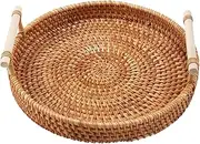 [CeaHoify] Rattan Storage Tray, Round Basket with Handle, Hand-Woven, Rattan Tray Wicker Basket Bread Fruit Food Breakfast Display L
