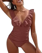 [Sociala] Ruffle One Piece Swimsuits for Women V Neck Ruched Tummy Control Bathing Suits High Cut Monokini