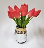 ALEX & ZOE ARTIFICIAL A DOZEN PINK SILK TULIPS FLOWER+GLASS JAR-REAL TO TOUCH