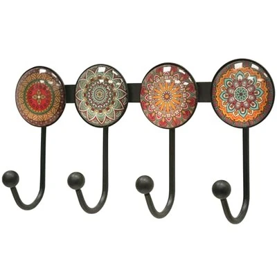 Coat Rack Wall Mounted with 4 Hooks, Round Pattern Decorative Wall Hooks Brown