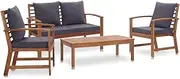 Garden Outdoor Set, Acacia Wood Patio Furniture, Chairs, Bench, Table, & Cushions for Deck, Balcony - 4 Piece
