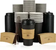 LITOPAK 100 Pack 16 Oz Paper Coffee Cups for Hot Chocolate Drinks, Black Disposa