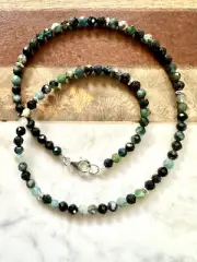 Blue Tourmaline Necklace with Silver Accent Beads, Faceted Round Necklace, 16.2