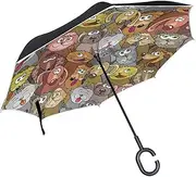 Double Layer Inverted Umbrella Cars Reverse Umbrella Kitten Cats Dogs Cartoon Windproof UV Proof Travel Outdoor Umbrella