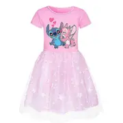 Kids Girls Lilo & Stitch Print Dress Skirt Summer Short Sleeve Birthday Party Dress 3-10 Years Pink 5-6 Years