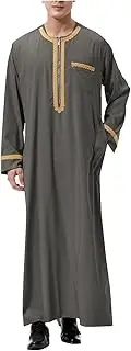[Generic] Summer Mens Muslim Thobe Embroidered Band Collar Long Sleeve Robe Casual Lightweight Loose Fit Home Ramadan Gown, K#dark Gray, 3X-Large, K#dark Gray, 3X-Large