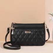 Black PU Leather Quilted Crossbody Bag for Women - Compact Multi-Compartment Sho