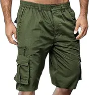 [JEShifangjiusu] Mens Classic Drawstring Shorts with Pockets Elastic Waist Cargo Straight Pants Wide Leg Short Pants, Army Green B1, XL