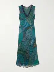 [RIXO] RIXO - Cyrus Lace-trimmed Printed Chiffon Midi Dress - Teal - UK 6 UK 6 Blue