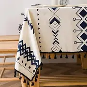 Bohemian Cream Cotton Linen Table Cloth, Aztec Tassel Cotton Square Tablecloth for Waterproof Kitchen Dining, Party, Holiday, Christmas, Buffet (60 "x60) Check